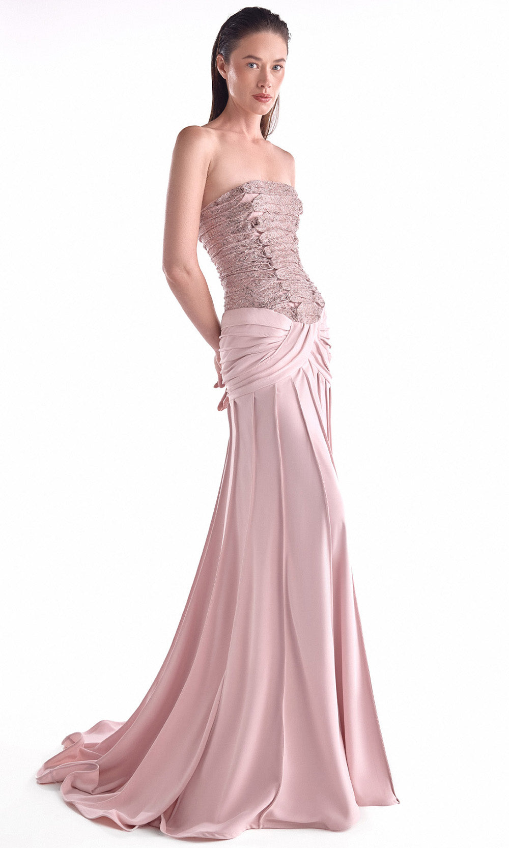 MNM COUTURE G2129 - Sequin Lace Straight Neckline Long Dress Evening Dresses in Dusty Rose