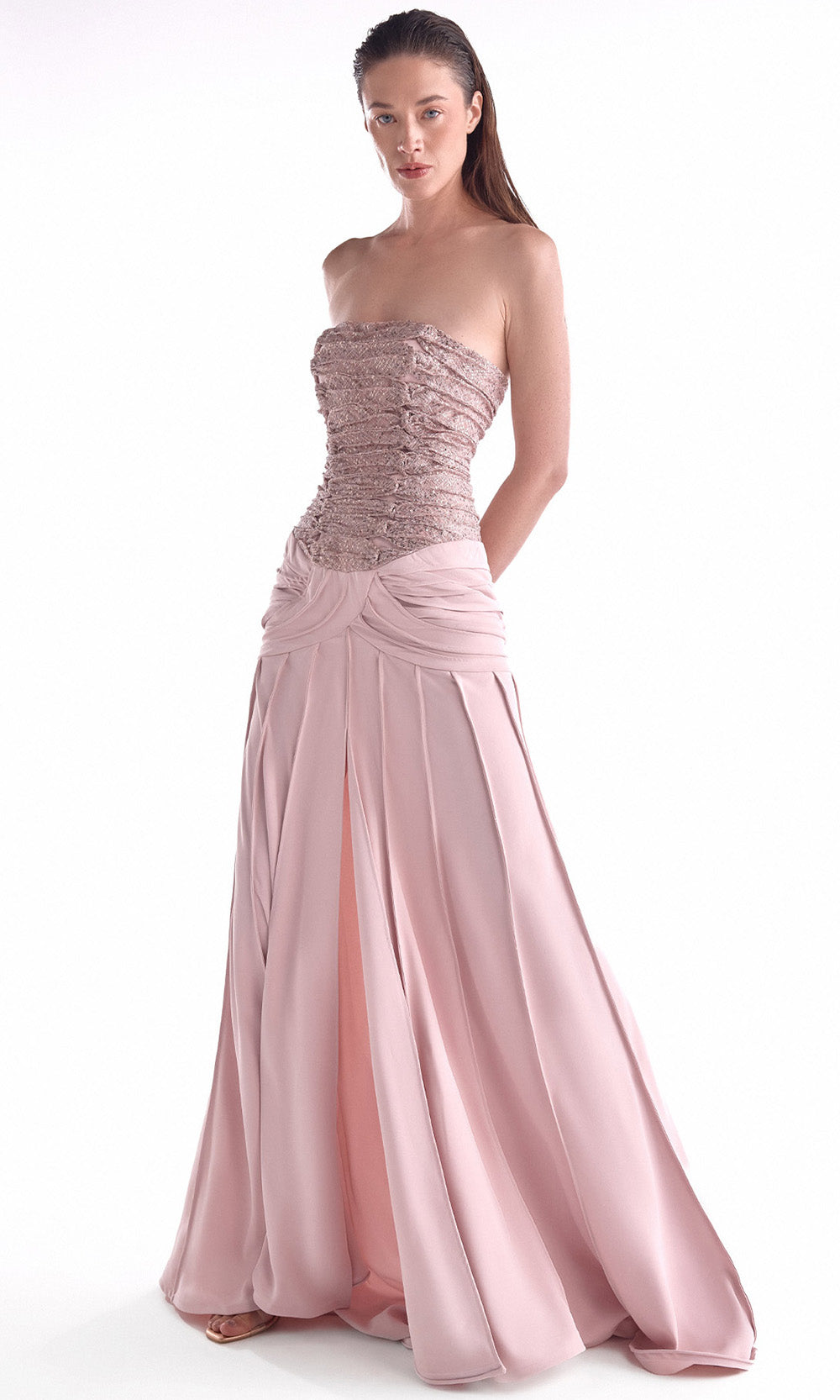 MNM COUTURE G2129 - Sequin Lace Straight Neckline Long Dress Evening Dresses in Dusty Rose