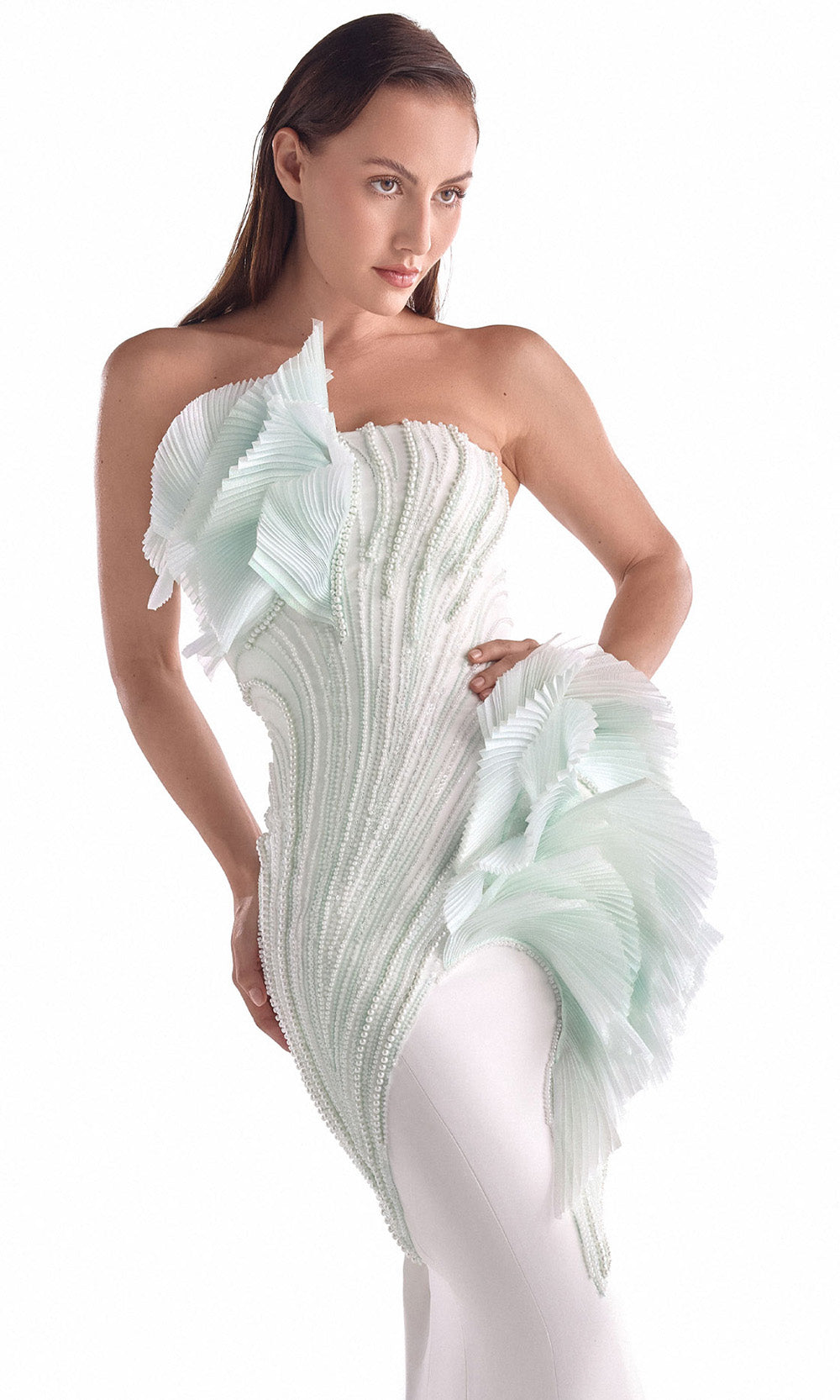 MNM COUTURE G2135 - Sculptural Mermaid Gown with Pearl Beading Prom Dresses in Green 