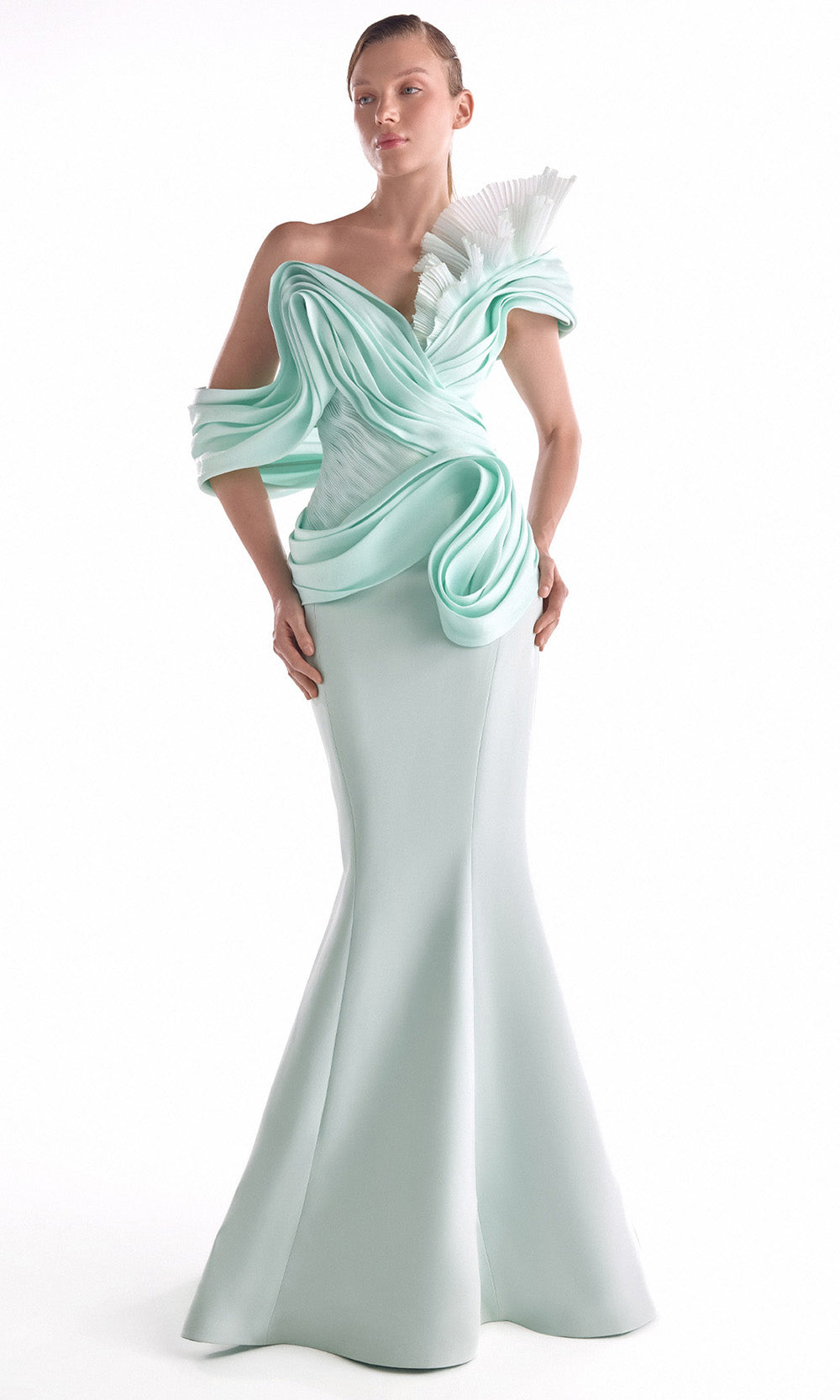 MNM COUTURE G2136 - Pleated Bodice Mermaid Long Dress Pageant Dresses in Mint 
