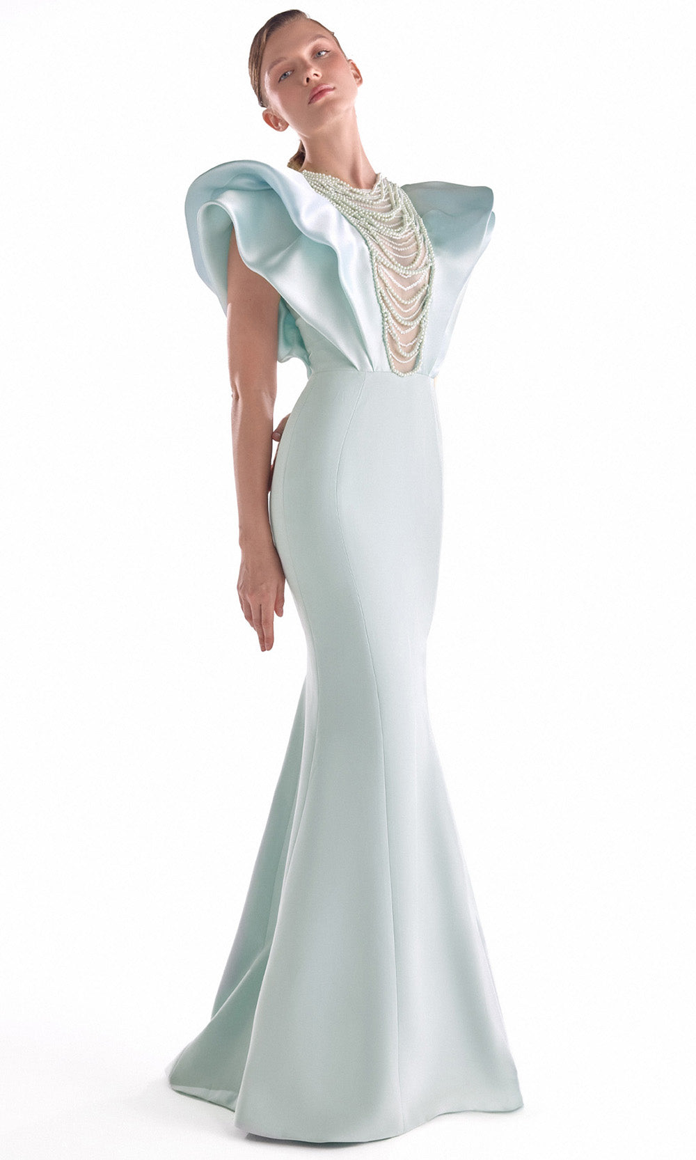 MNM COUTURE G2138 - Beaded Drape Structured Sleeve Long Dress Pageant Dresses in Mint 