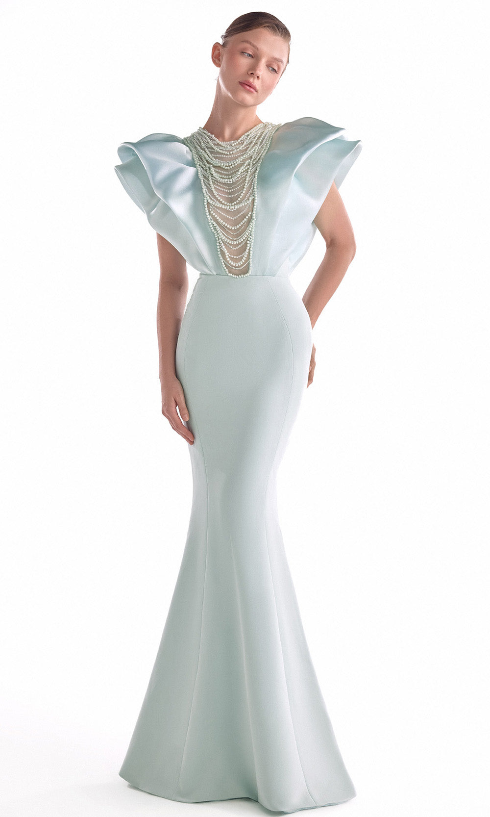 MNM COUTURE G2138 - Beaded Drape Structured Sleeve Long Dress Pageant Dresses in Mint 
