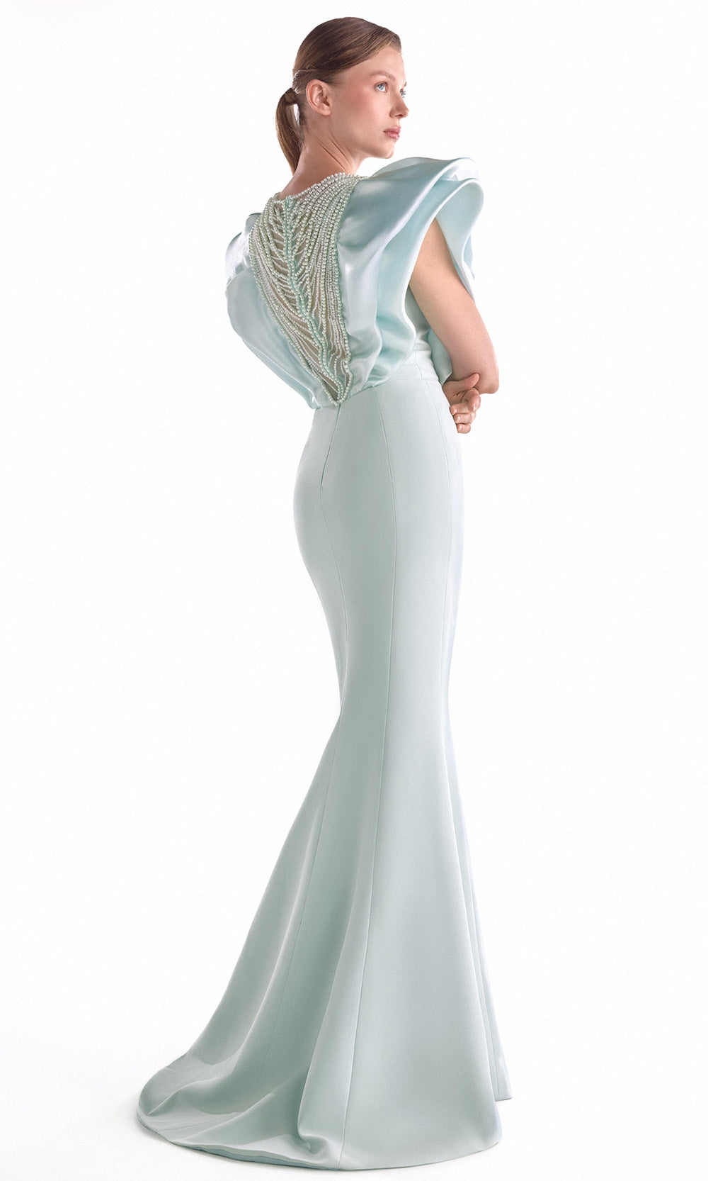 MNM COUTURE G2138 - Beaded Drape Structured Sleeve Long Dress Pageant Dresses in Mint 