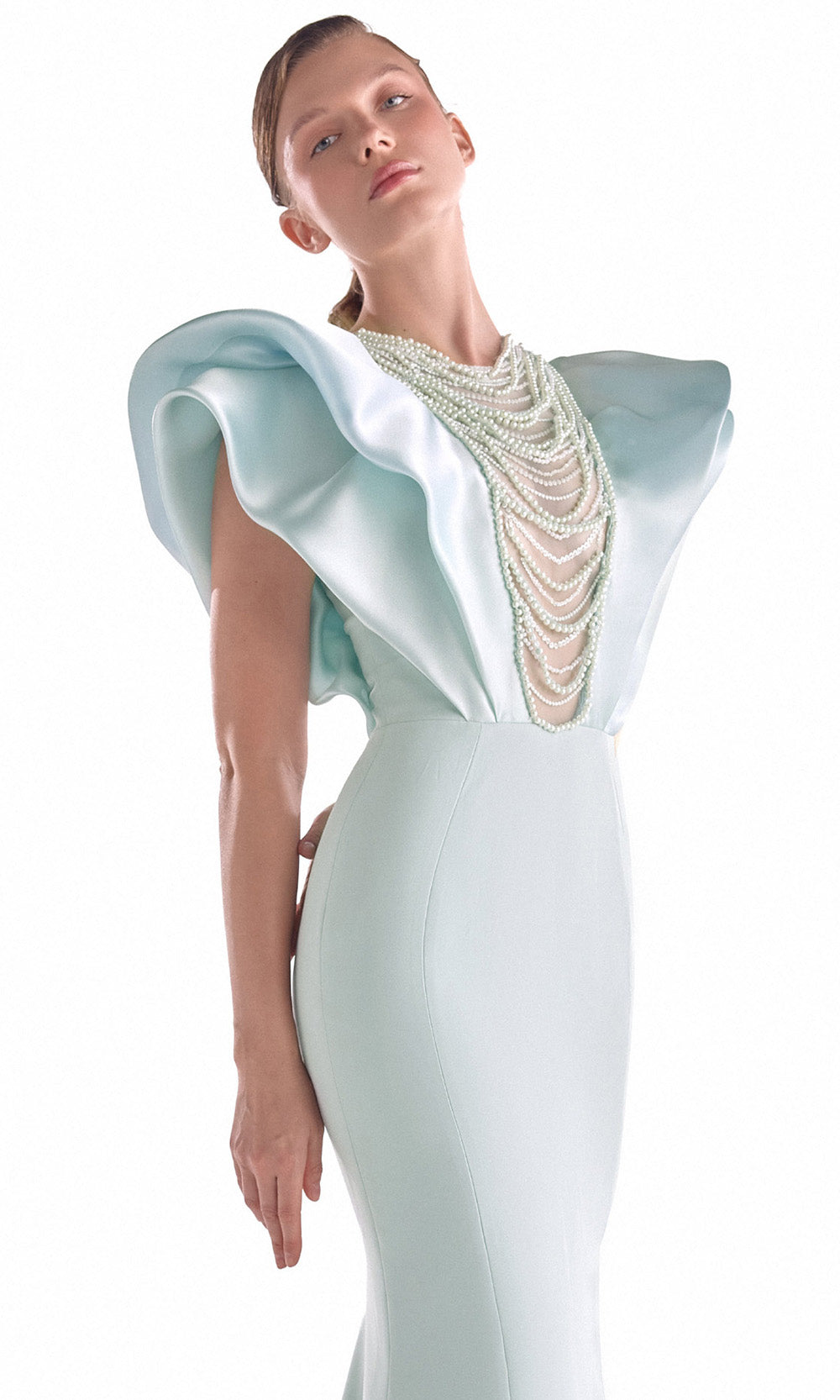 MNM COUTURE G2138 - Beaded Drape Structured Sleeve Long Dress Pageant Dresses in Mint 