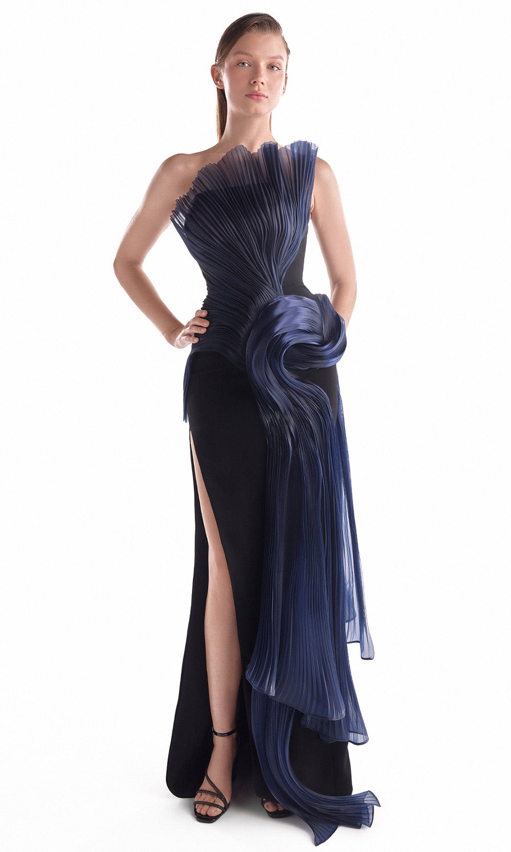 MNM COUTURE G2145 - Strapless High Slit Dress with Sculptural Pleats Prom Dresses in Navy Blue