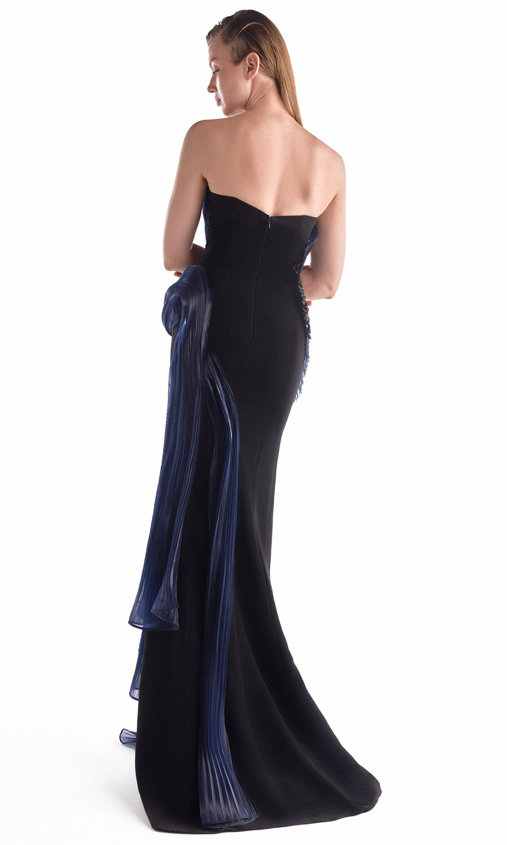 MNM COUTURE G2145 - Strapless High Slit Dress with Sculptural Pleats Prom Dresses in Navy Blue