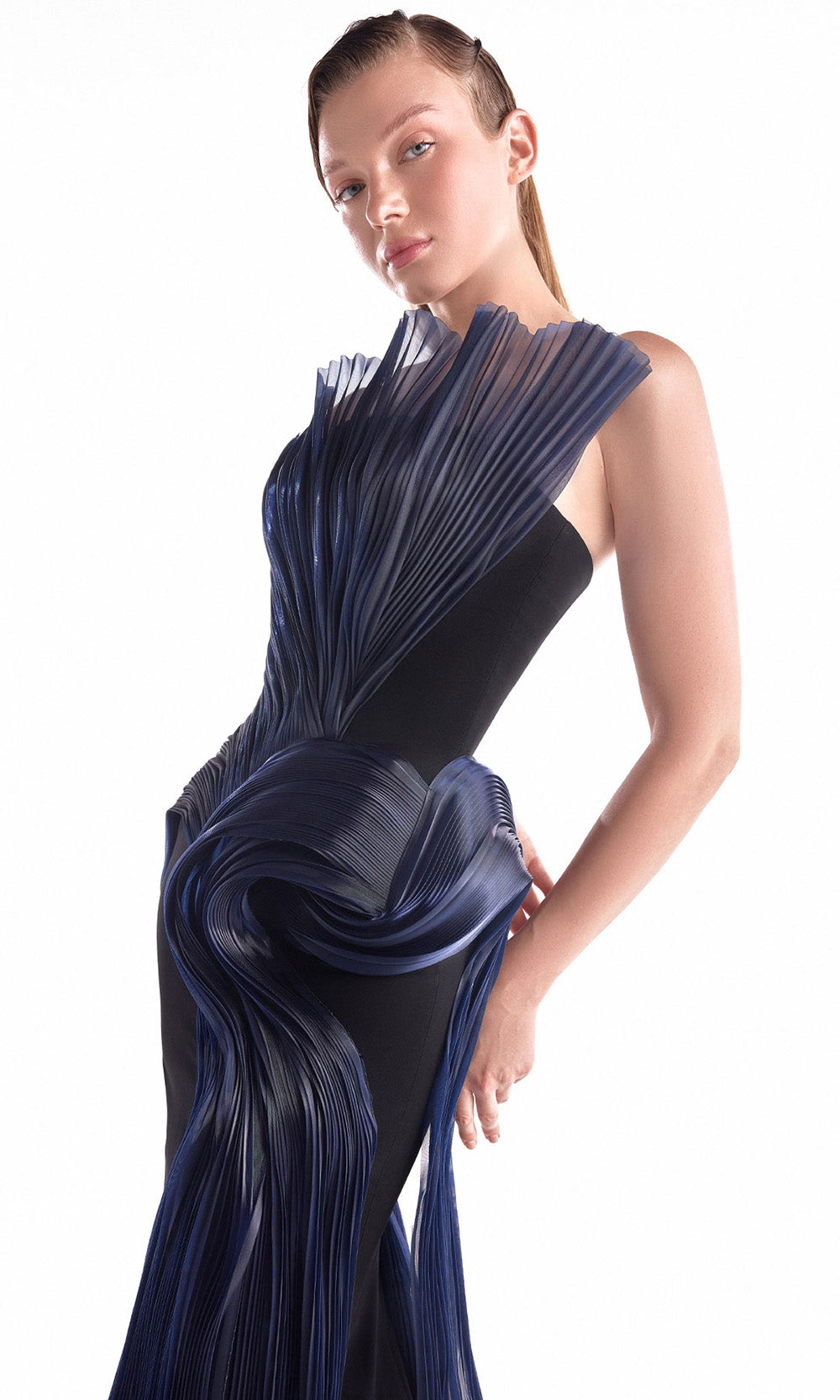MNM COUTURE G2145 - Strapless High Slit Dress with Sculptural Pleats Prom Dresses in Navy Blue