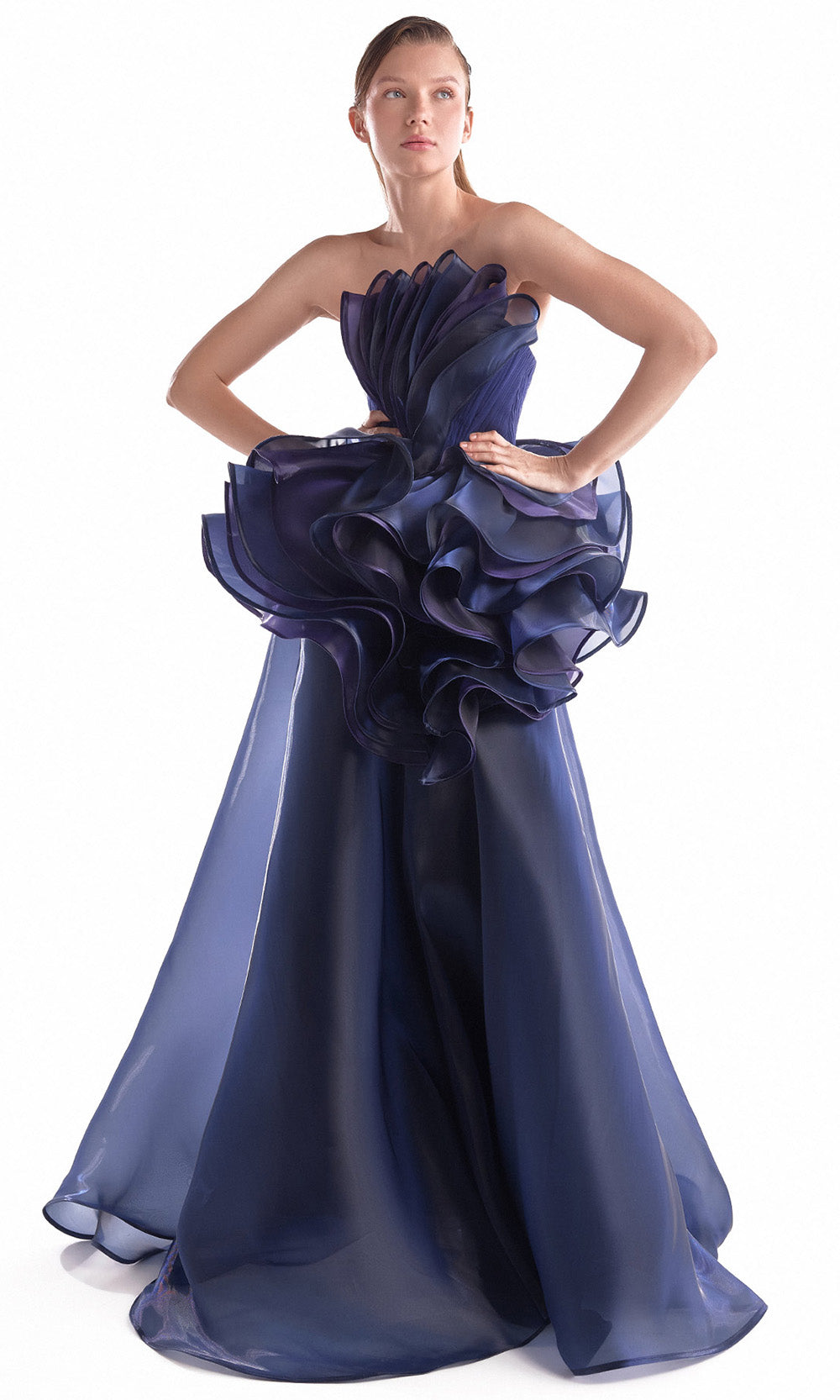 MNM COUTURE G2146 - Pleated Ruffle Straight Neckline Dress Prom Dresses in Navy Blue