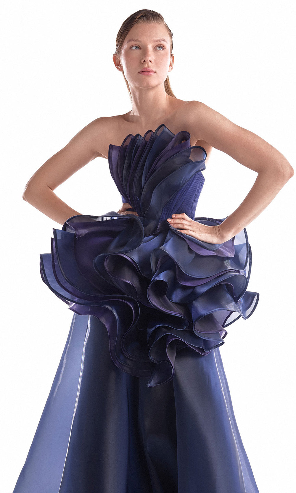 MNM COUTURE G2146 - Pleated Ruffle Straight Neckline Dress Prom Dresses in Navy Blue
