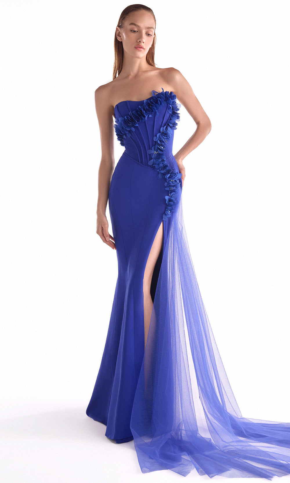 MNM COUTURE G2149 - Semi-Sweetheart Floral Evening Dress Pageant Dresses in Royal Blue