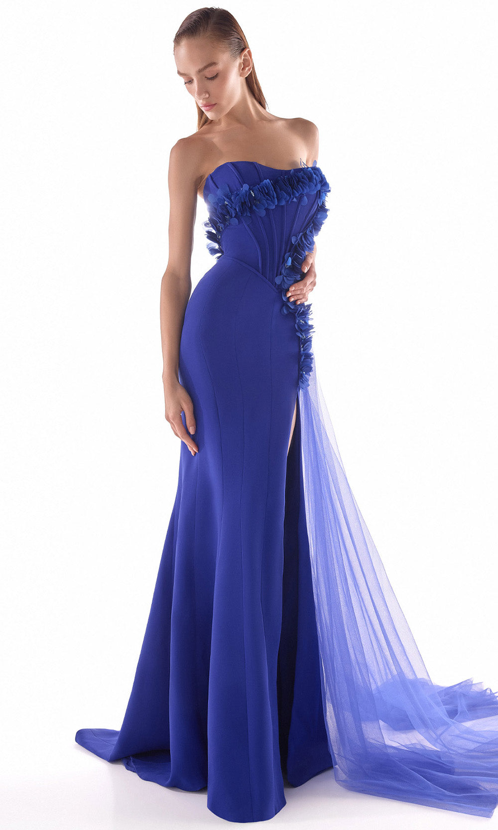 MNM COUTURE G2149 - Semi-Sweetheart Floral Evening Dress Pageant Dresses in Royal Blue
