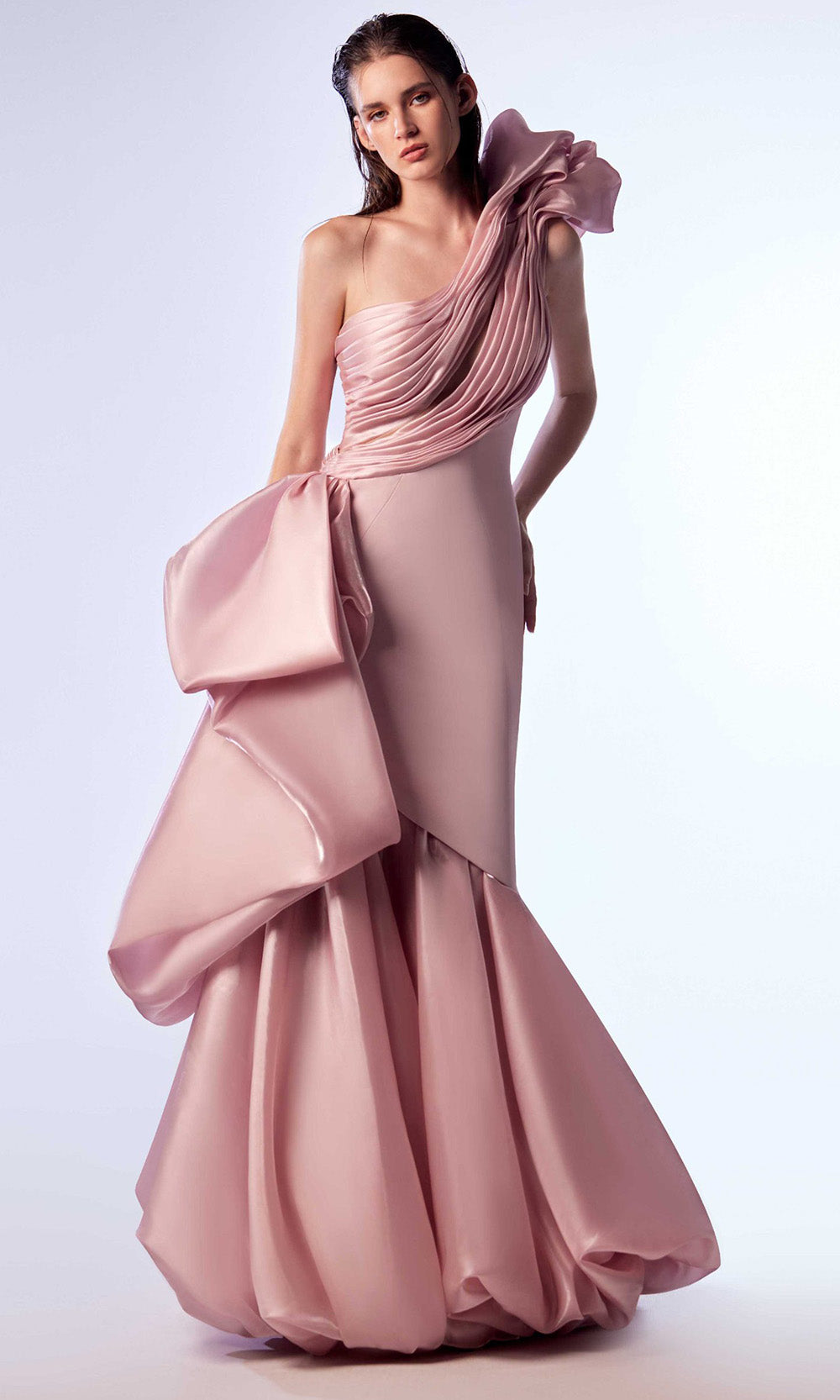 MNM COUTURE G1729 - Asymmetric Draped Evening Dress Special Occasion Dress in Pink 