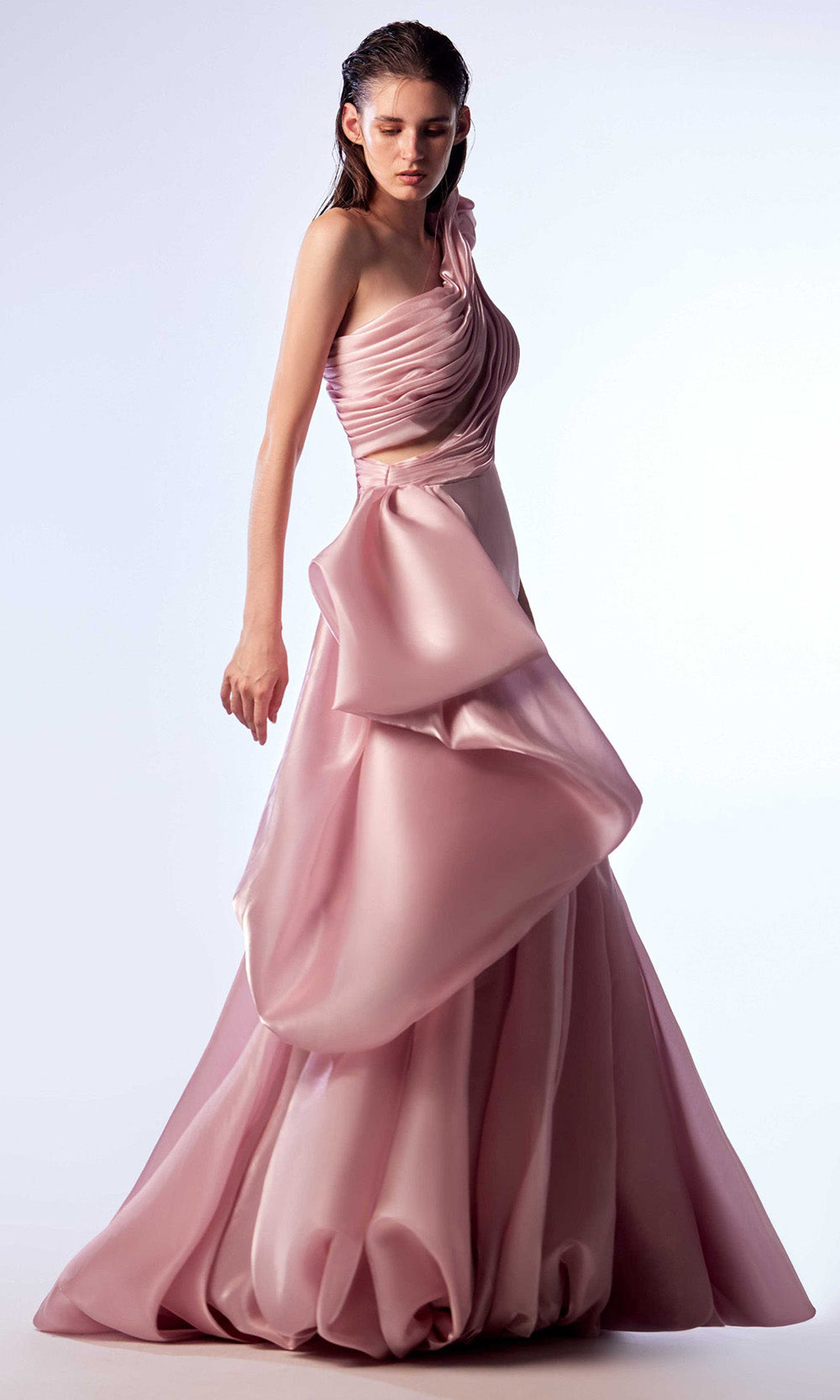 MNM COUTURE G1729 - Asymmetric Draped Evening Dress Special Occasion Dress in Pink 