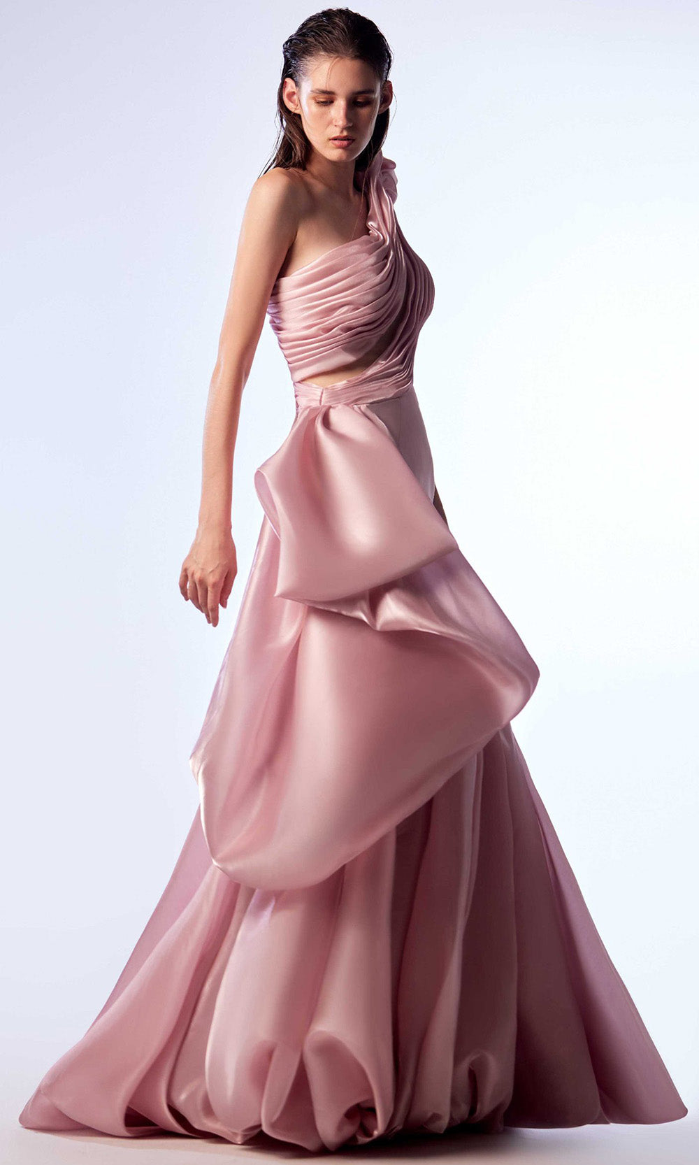 MNM COUTURE G1729 - Asymmetric Draped Evening Dress Special Occasion Dress in Pink 