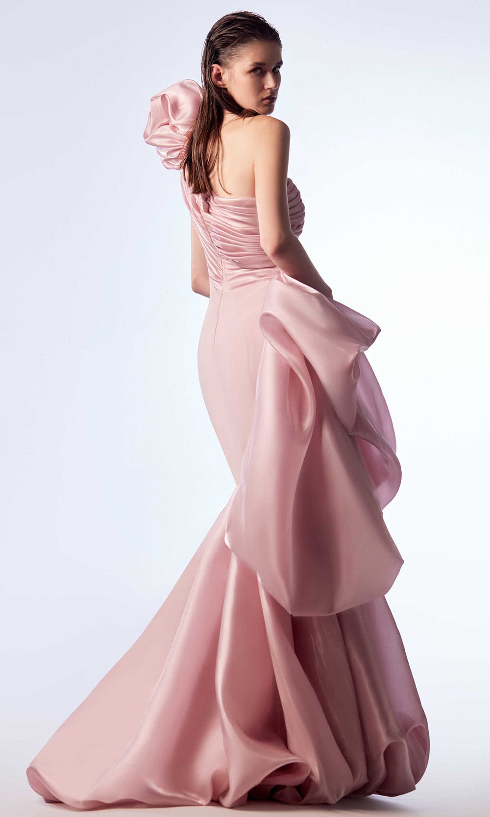 MNM COUTURE G1729 - Asymmetric Draped Evening Dress Special Occasion Dress in Pink 