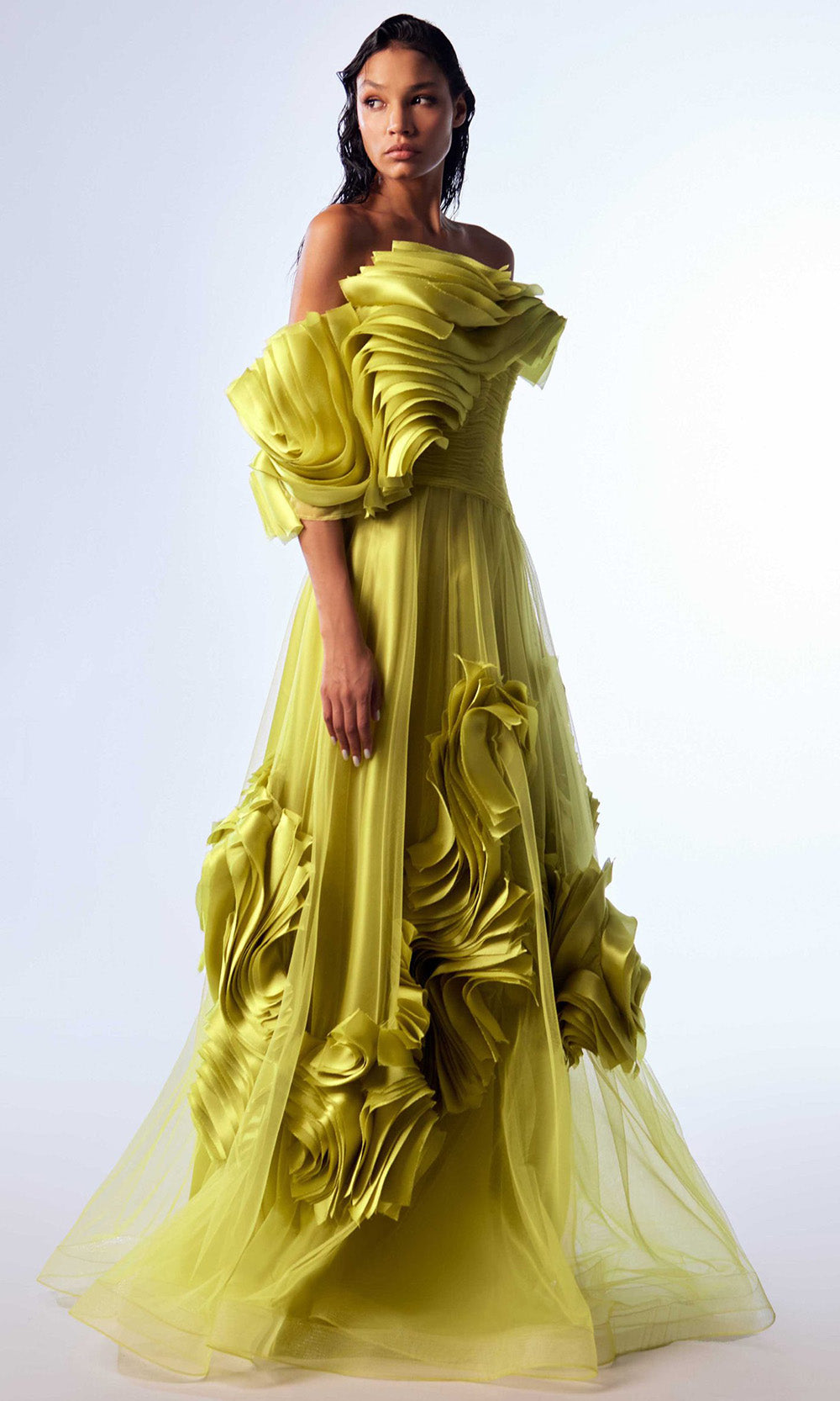 MNM COUTURE G1736 - A-Line Off Shoulder Long Dress with Ruffles Evening Dresses in Green 