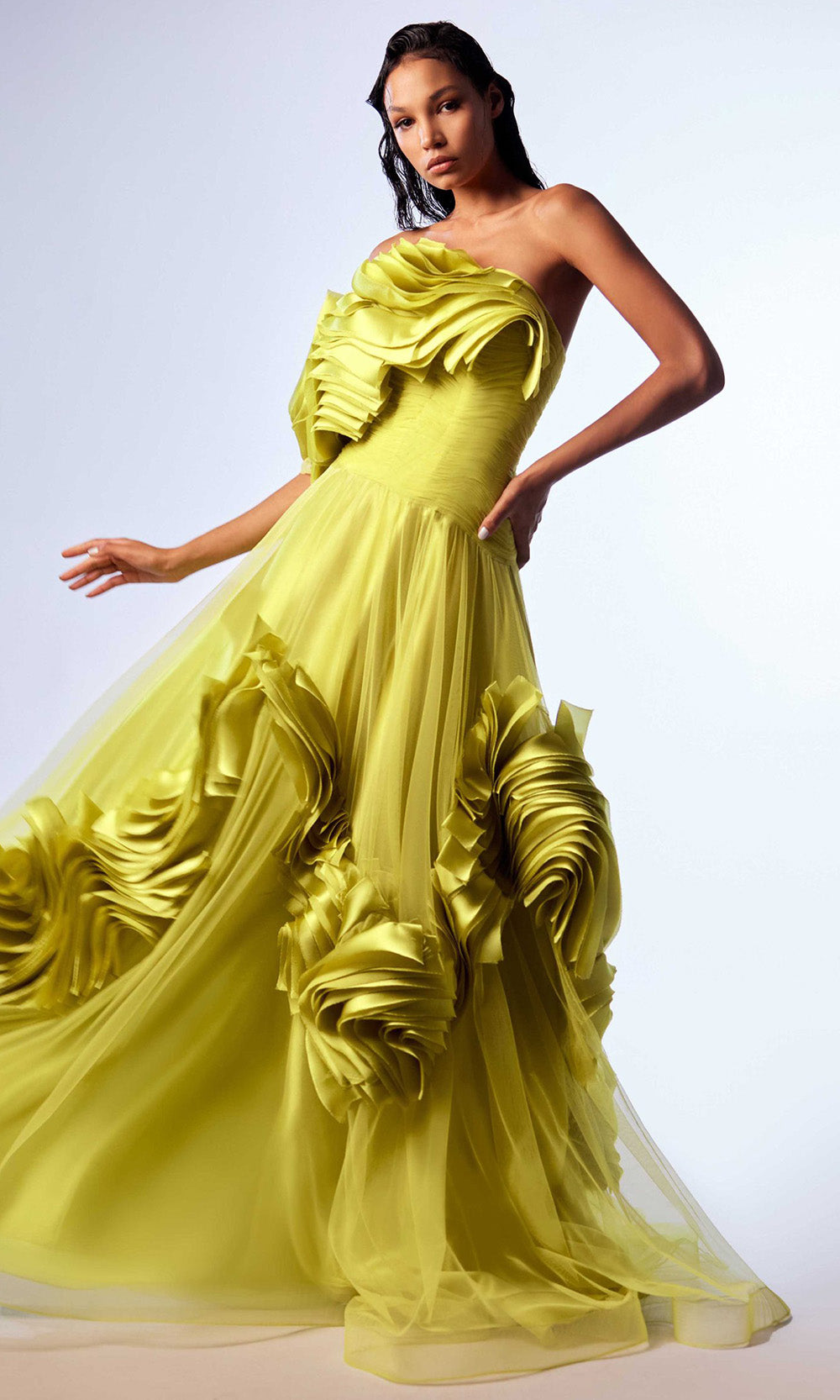 MNM COUTURE G1736 - A-Line Off Shoulder Long Dress with Ruffles Evening Dresses in Green 