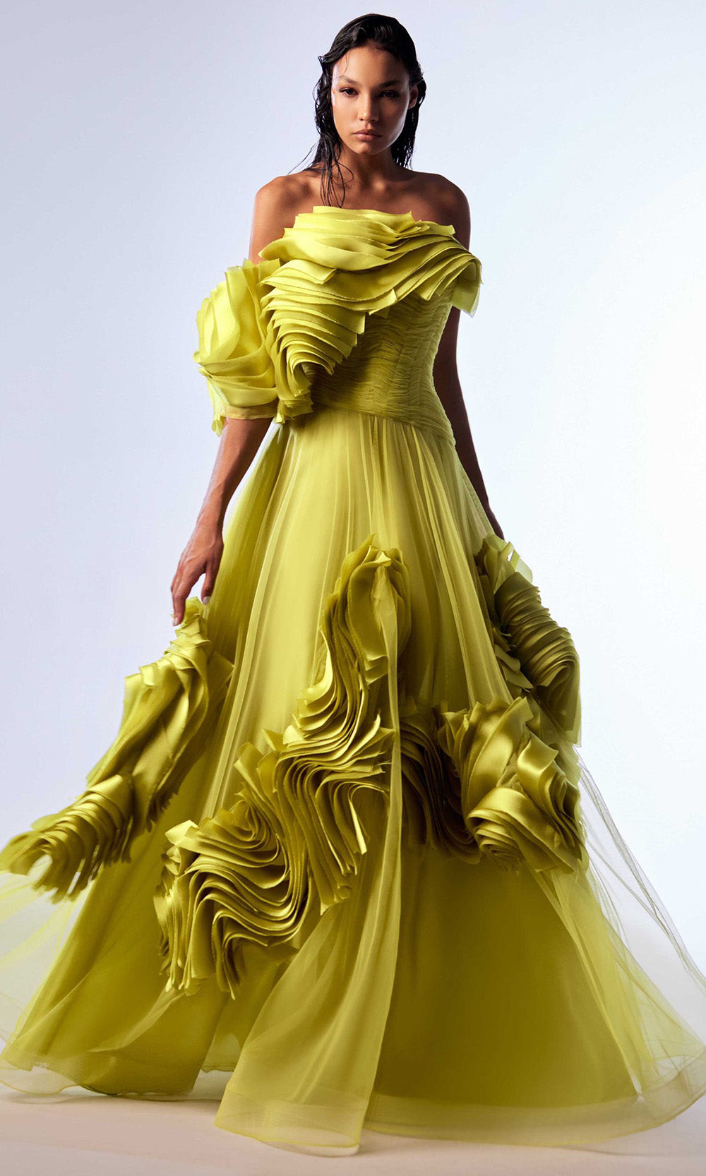 MNM COUTURE G1736 - A-Line Off Shoulder Long Dress with Ruffles Evening Dresses in Green 