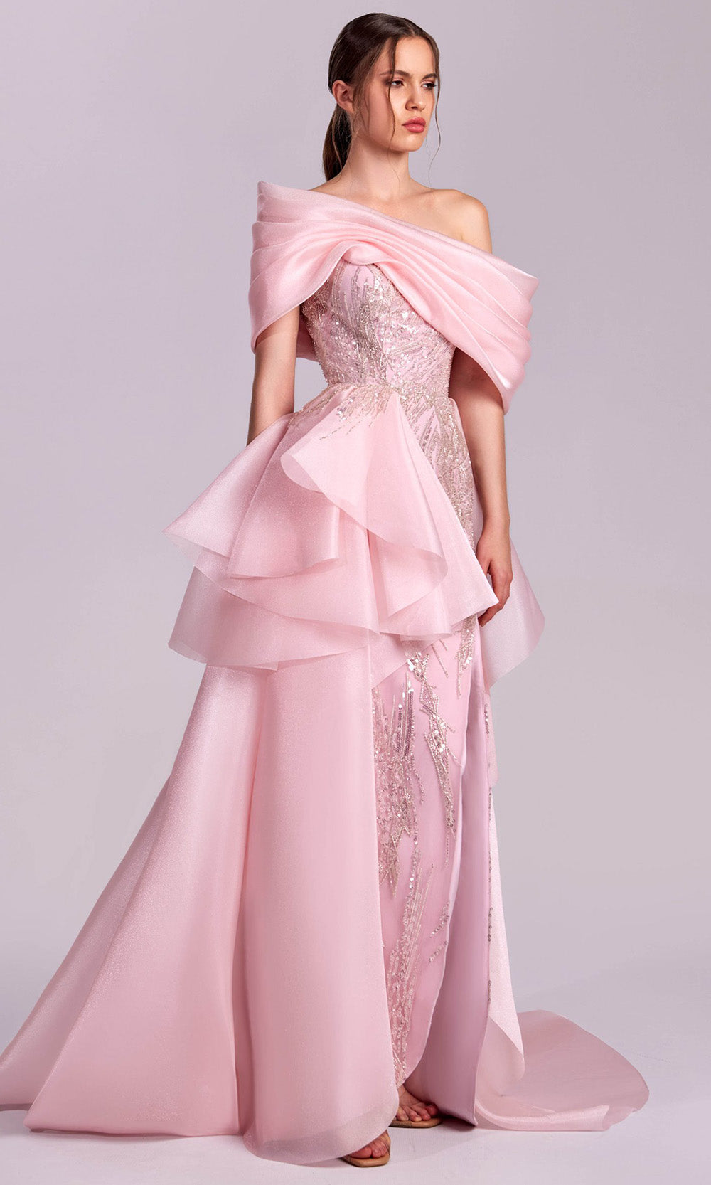 MNM COUTURE G1829 - Asymmetric Beaded Lace Dress with Slit Prom Dresses in Pink 