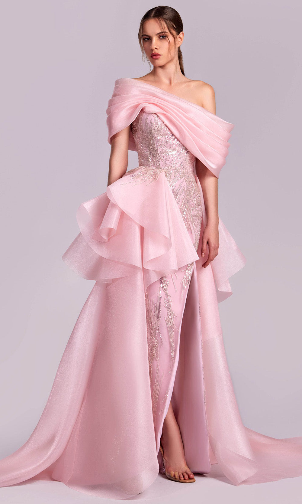 MNM COUTURE G1829 - Asymmetric Beaded Lace Dress with Slit Prom Dresses in Pink 