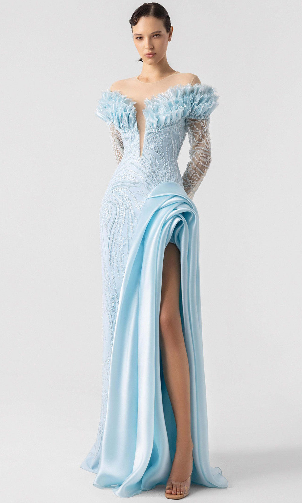 MNM Couture G1915 - Sheer Sleeves Frosty Lace Gown Evening Dresses