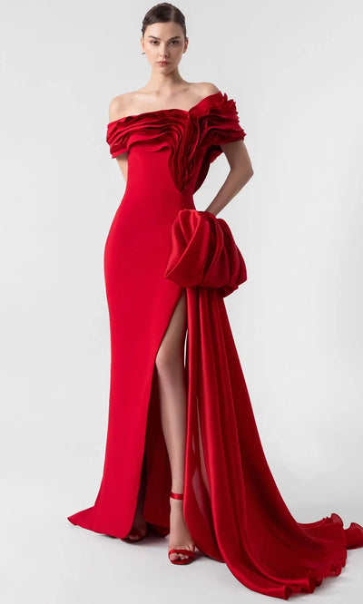MNM Couture G1942 - Short Sleeve Crepe Gown with Ruffles Evening Dresses