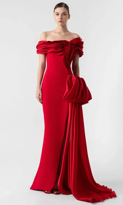 MNM Couture G1942 - Short Sleeve Crepe Gown with Ruffles Evening Dresses