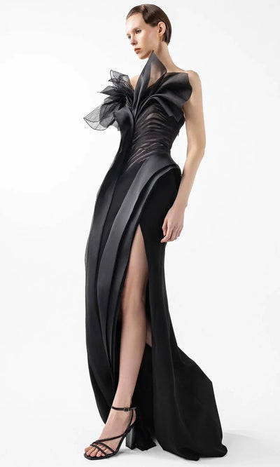 MNM Couture G2010 - High Slit Flowing Panel Sheath Gown Formal Gowns