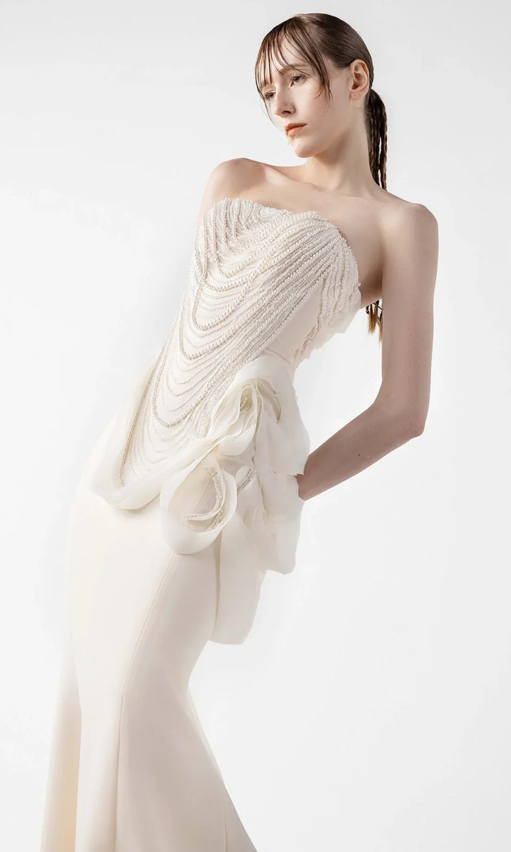 MNM Couture G2015 - Pearl Beaded Strapless Gown with Ruffle Accent Formal Gowns