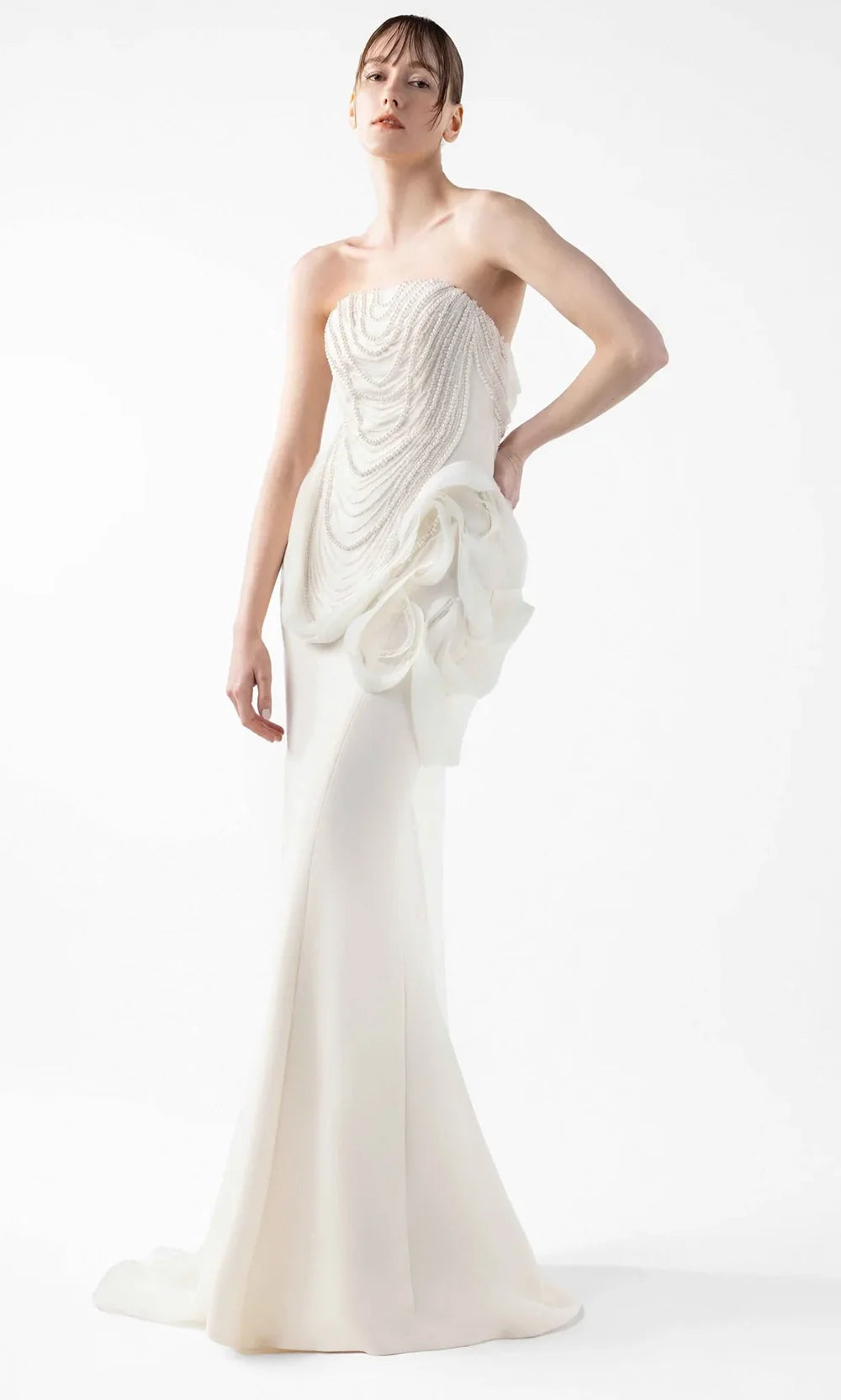 MNM Couture G2015 - Pearl Beaded Strapless Gown with Ruffle Accent Formal Gowns