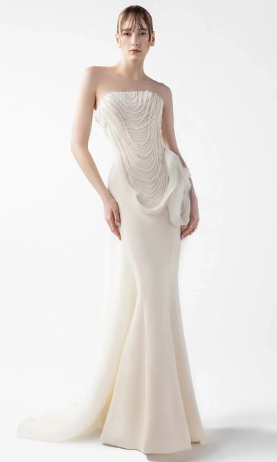 MNM Couture G2015 - Pearl Beaded Strapless Gown with Ruffle Accent Formal Gowns