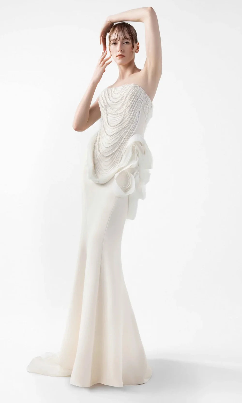 MNM Couture G2015 - Pearl Beaded Strapless Gown with Ruffle Accent Formal Gowns