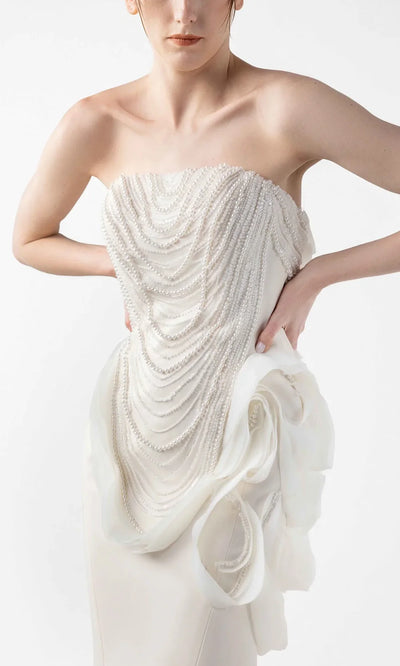 MNM Couture G2015 - Pearl Beaded Strapless Gown with Ruffle Accent Formal Gowns