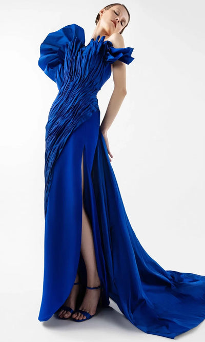 MNM Couture G2019 - Strapless Crepe Slit Gown with Draped Detail Formal Gowns