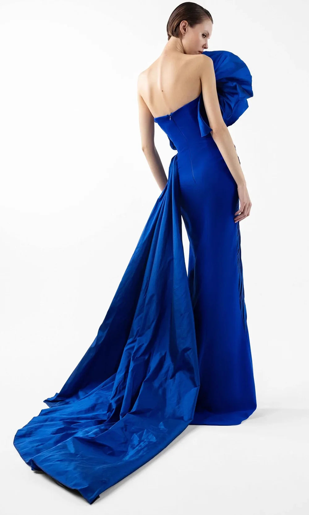 MNM Couture G2019 - Strapless Crepe Slit Gown with Draped Detail Formal Gowns
