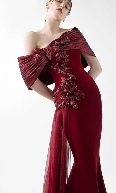 MNM Couture G2022 - Pleated Neckline Mermaid Gown with Tulle Drape Formal Gowns