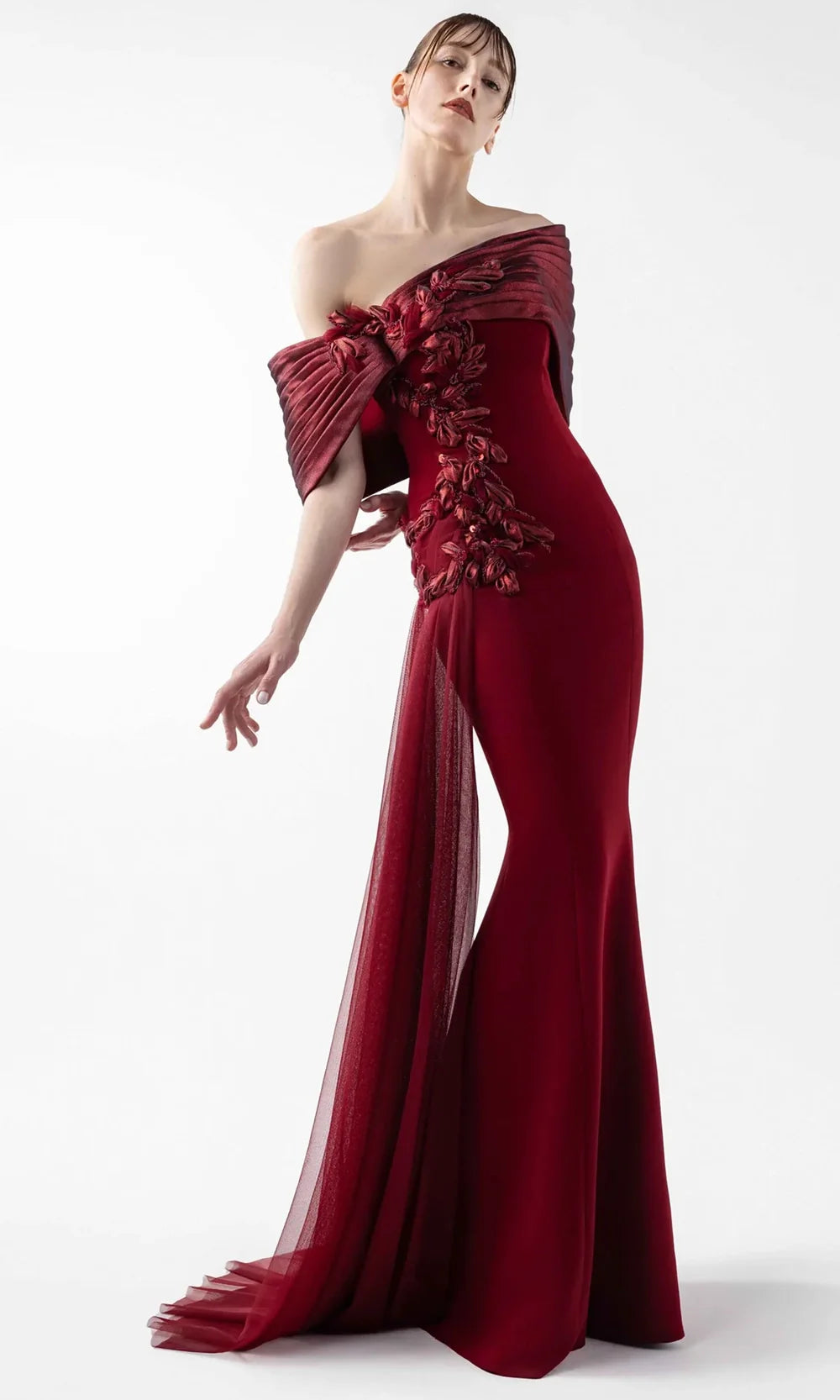 MNM Couture G2022 - Pleated Neckline Mermaid Gown with Tulle Drape Formal Gowns