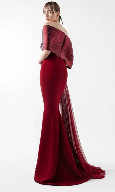 MNM Couture G2022 - Pleated Neckline Mermaid Gown with Tulle Drape Formal Gowns