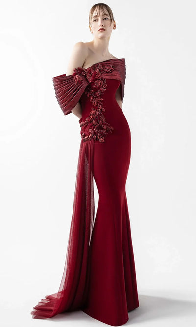 MNM Couture G2022 - Pleated Neckline Mermaid Gown with Tulle Drape Formal Gowns