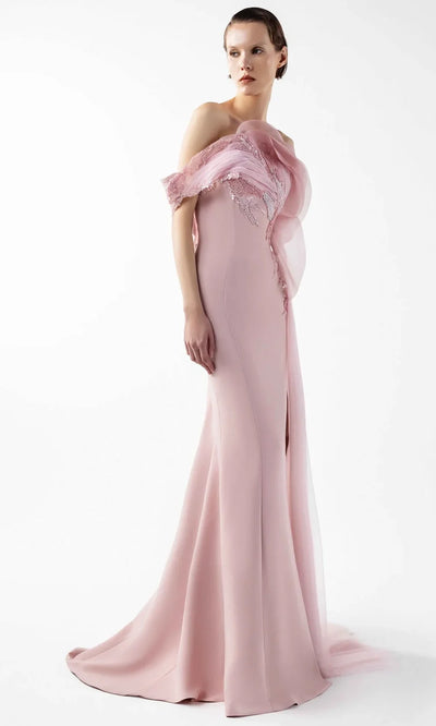 MNM Couture G2031 - Off Shoulder Fitted Gown with Tulle Train Formal Gowns