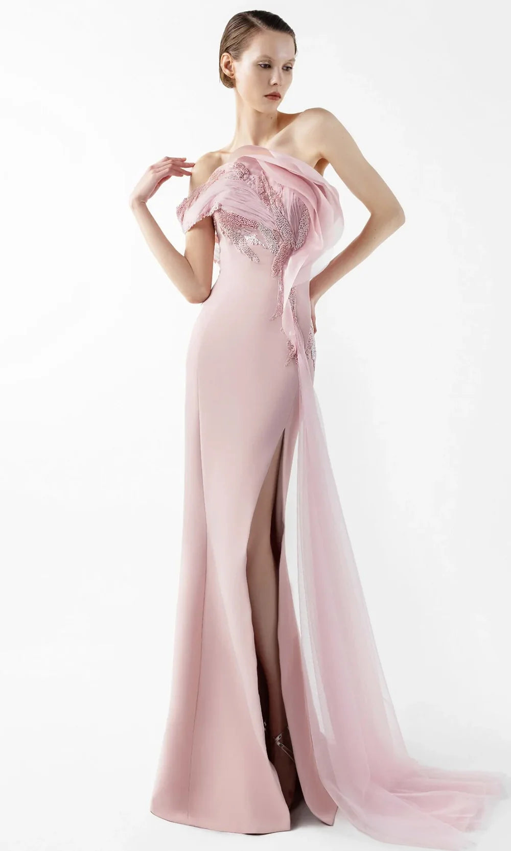 MNM Couture G2031 - Off Shoulder Fitted Gown with Tulle Train Formal Gowns