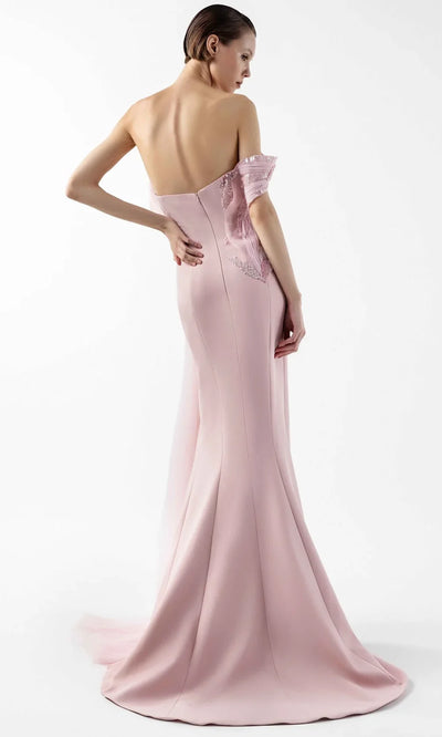 MNM Couture G2031 - Off Shoulder Fitted Gown with Tulle Train Formal Gowns