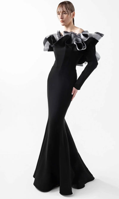 MNM Couture G2036 - Sculpted Ruffle Long Sleeve Gown Formal Gowns