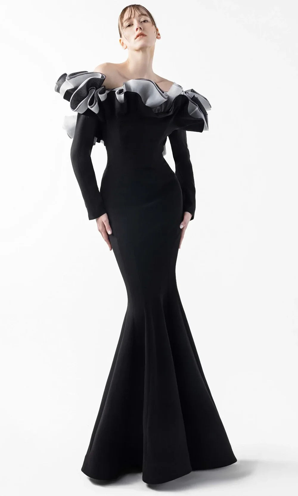 MNM Couture G2036 - Sculpted Ruffle Long Sleeve Gown Formal Gowns