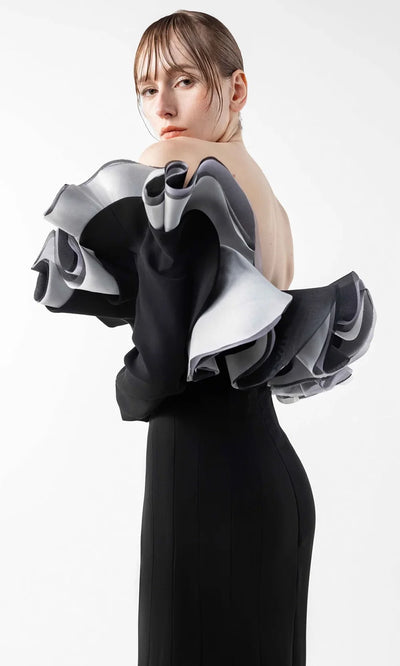 MNM Couture G2036 - Sculpted Ruffle Long Sleeve Gown Formal Gowns