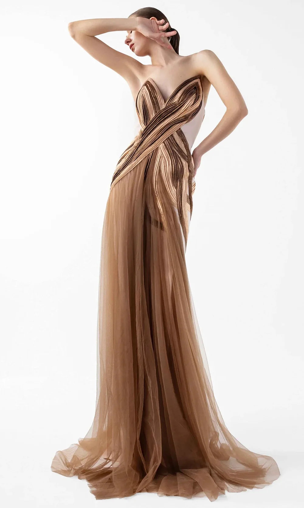 MNM Couture G2038 - V-Neckline Pleated Organza Gown Formal Gowns