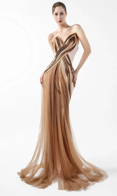 MNM Couture G2038 - V-Neckline Pleated Organza Gown Formal Gowns