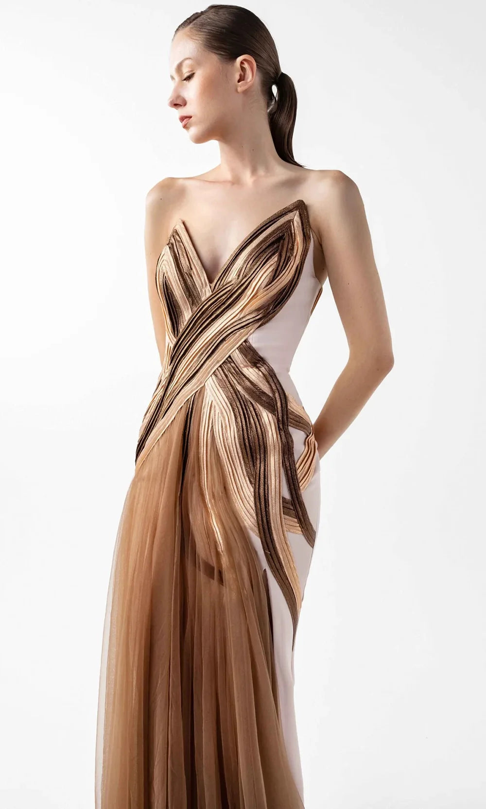 MNM Couture G2038 - V-Neckline Pleated Organza Gown Formal Gowns