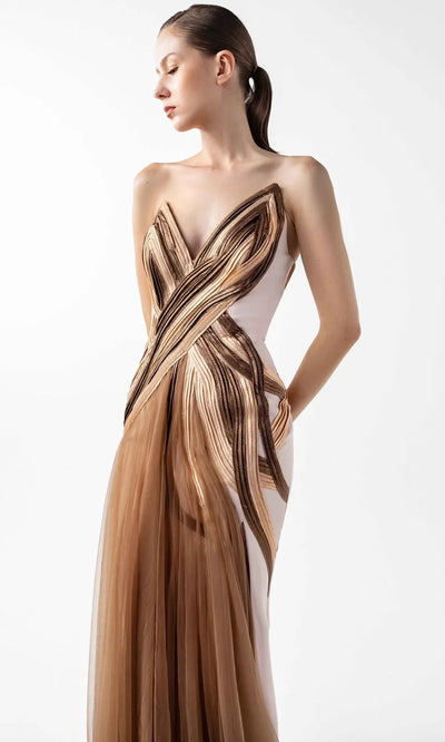 MNM Couture G2038 - V-Neckline Pleated Organza Gown Formal Gowns