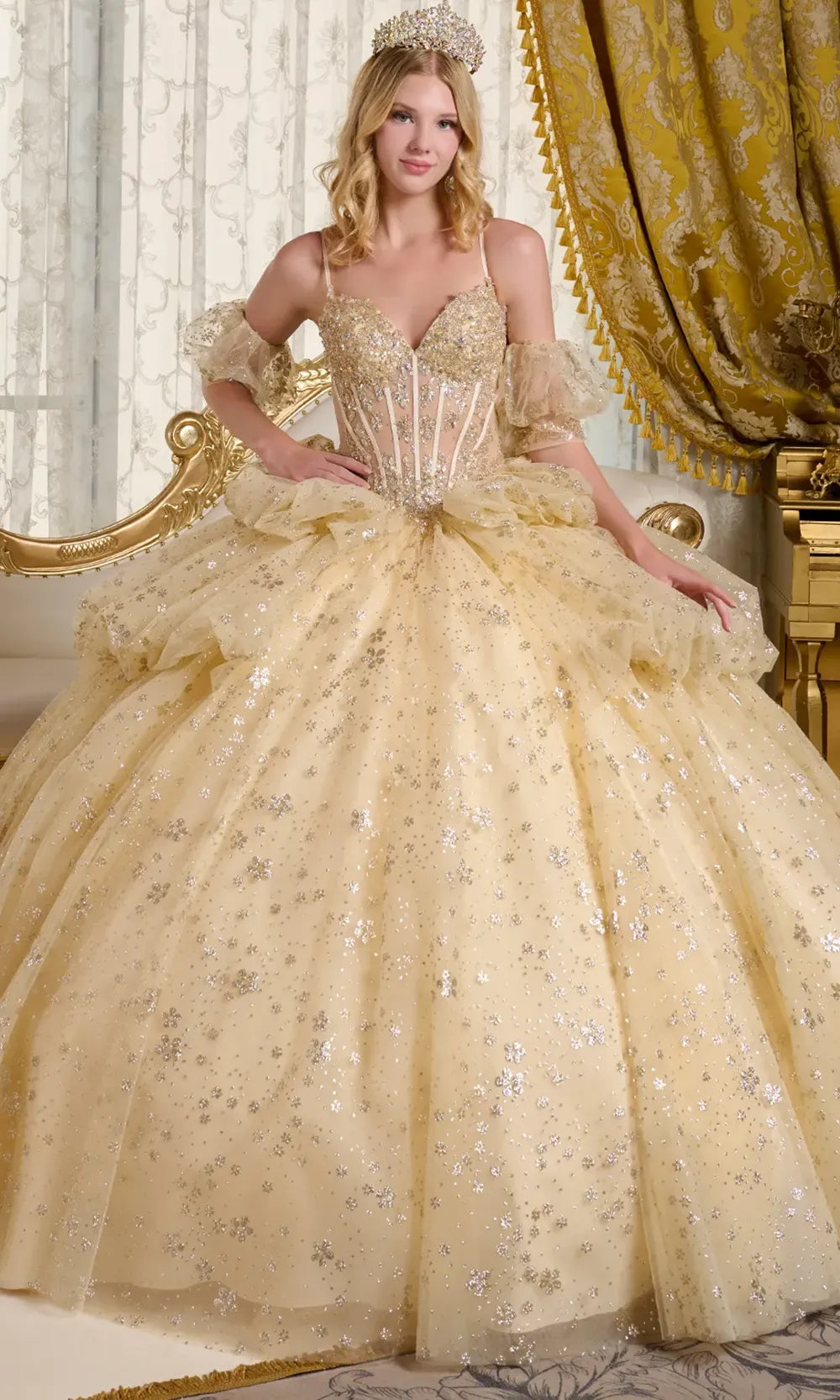 Elizabeth K GL3646 - V-Neck Floral Glitter Quinceanera Gown Quinceanera Dresses